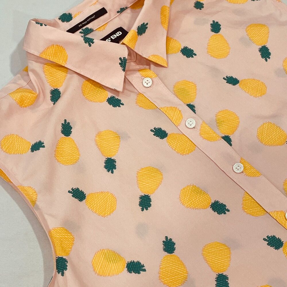 ~ Lands' End 16p Pineapple Print No-Iron Cotton Sleeveless Shirt Button-Up Pink